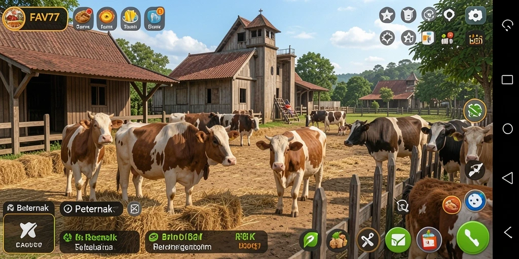 Tampilan antarmuka yang menarik dari FAV77 saat mengelola peternakan.