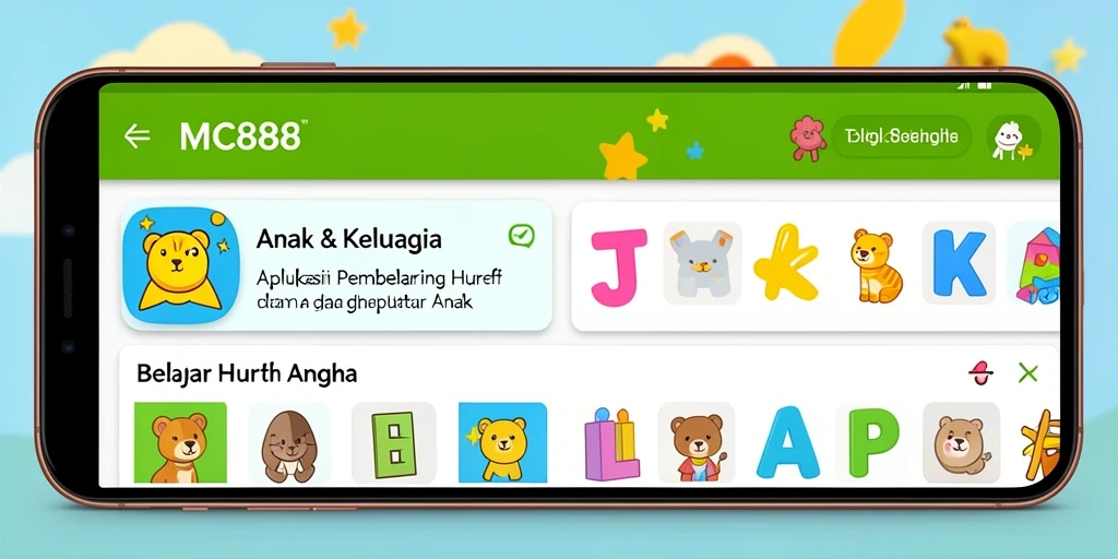 Antarmuka aplikasi MC888 yang menarik untuk belajar huruf dan angka.